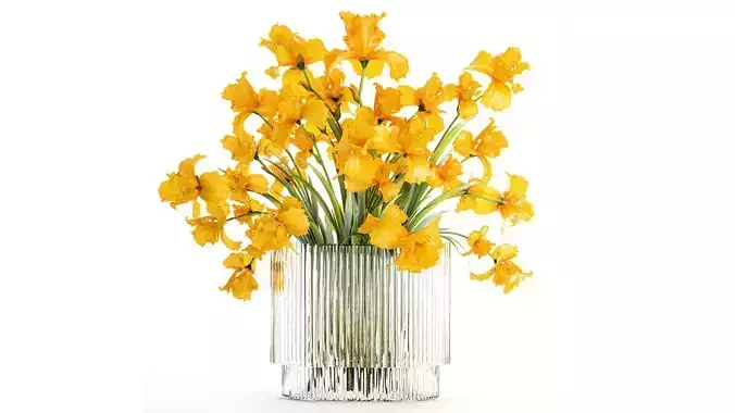 Beautiful realistic bouquet yellow Iris flowers glass vase 658