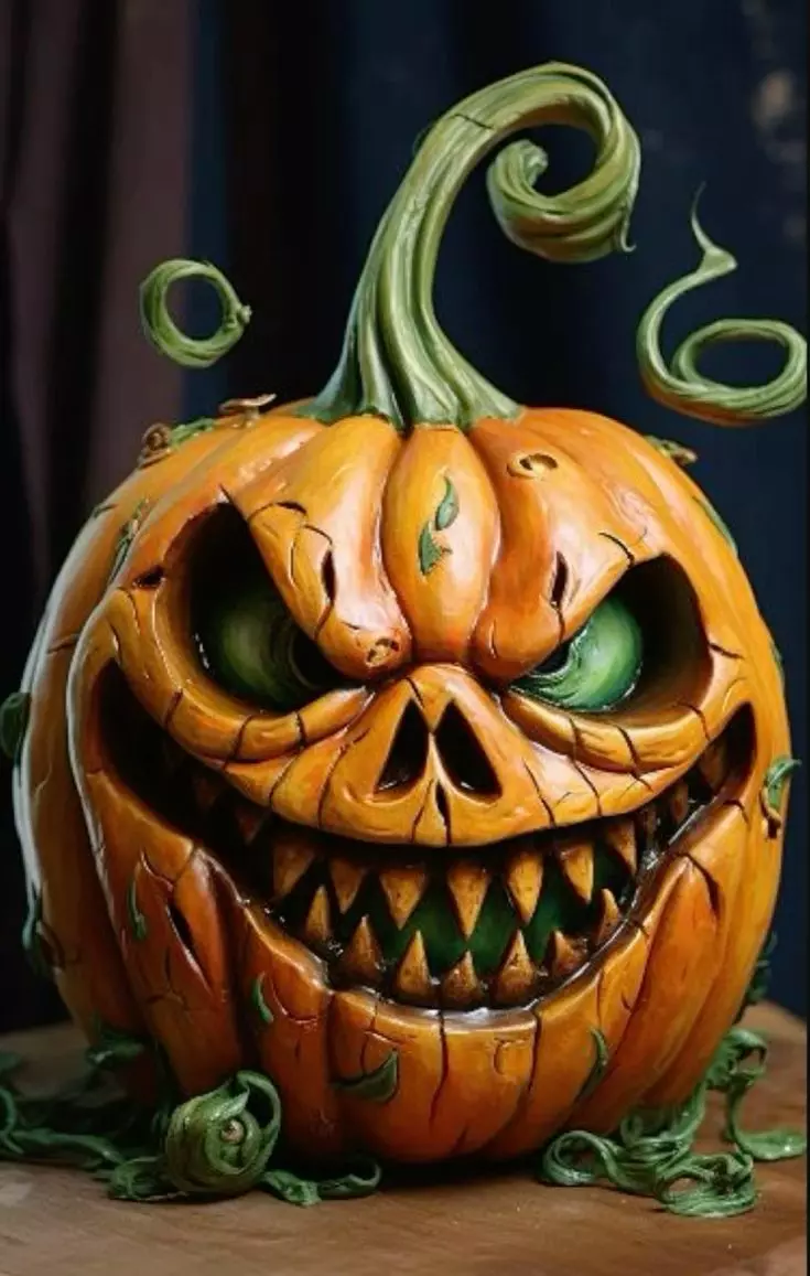 Evil Halloween Pumpkin Green Eyes Twisted Stem 3D Horror Low-poly 3D model_0