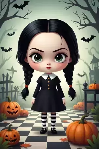 Cute Gothic Girl Black Dress Braids Pumpkins 3D Halloween