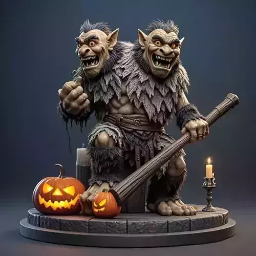 2577Two Headed Troll with Club  3D Printed Statue Halloween
