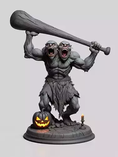 2578Two Headed Troll with Club  3D Printed Statue Halloween