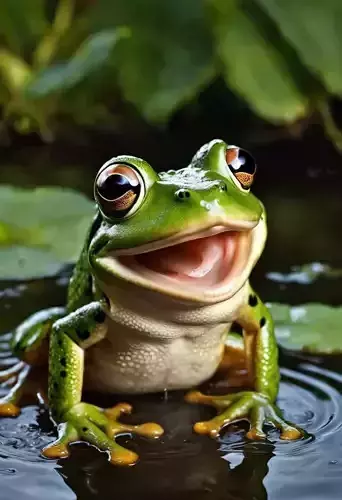Happy Green Frog Smiling Pond Lily Pads 3D Realistic
