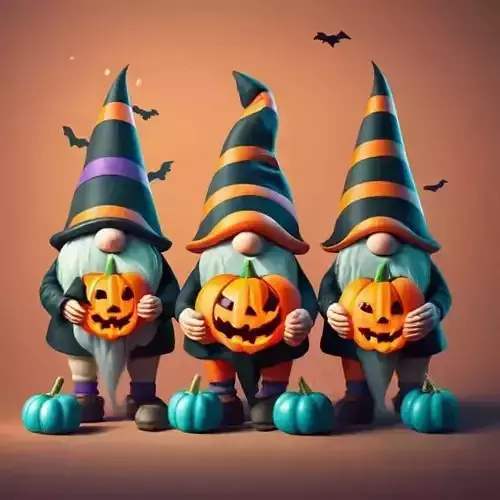 Cute Halloween Gnomes Jack-O Lanterns Witch Hats 3D