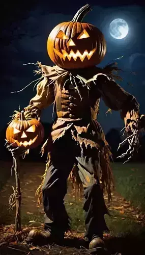 Scary Halloween Scarecrow Glowing Pumpkin Head Full Moon Low-poly 3D model Scary Halloween Scarecrow Glowing Pumpkin Head Full Moon Low-poly 3D model