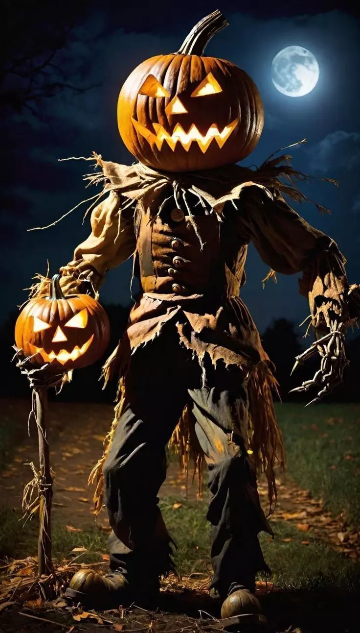 Scary Halloween Scarecrow Glowing Pumpkin Head Full Moon Low-poly 3D model_0