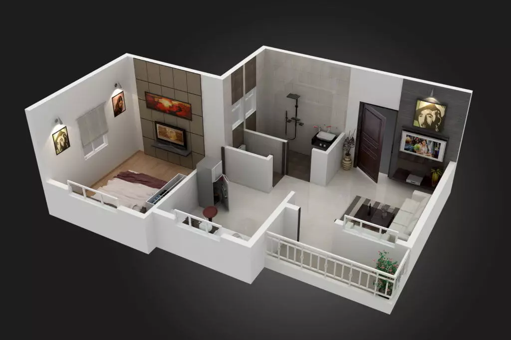 Modern 1BHK House Plan 3D print model_2