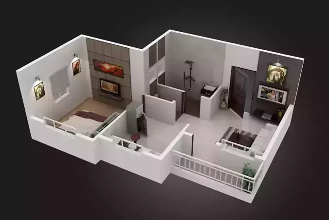 Modern 1BHK House Plan 3D print model