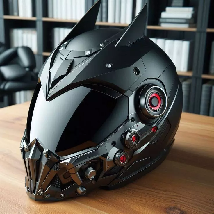 Futuristic Black Bat Helmet Red Lights Mechanical Details Low-poly 3D model_0