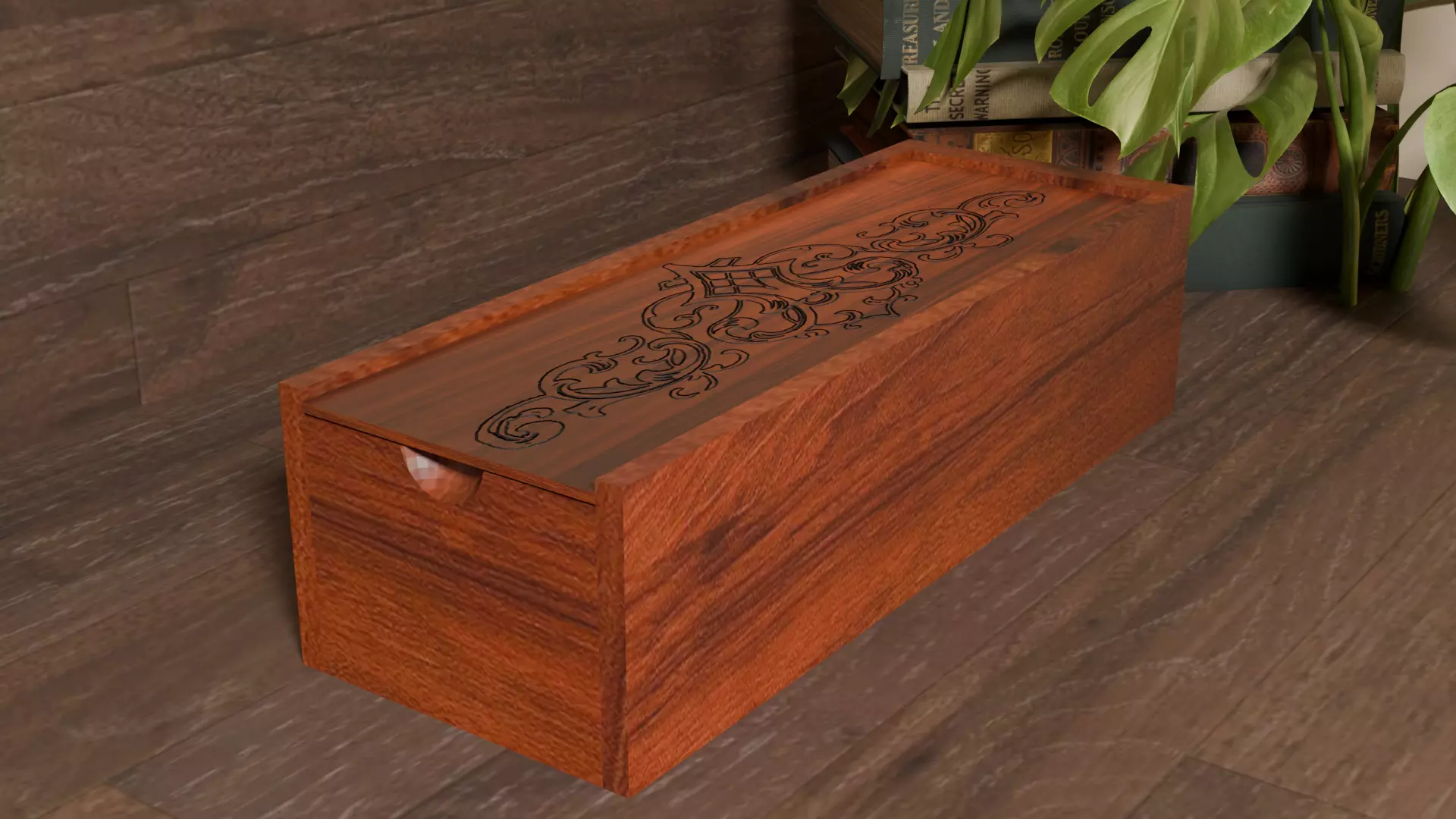 Elegant Engraved Wood Box Low-poly 3D model_0
