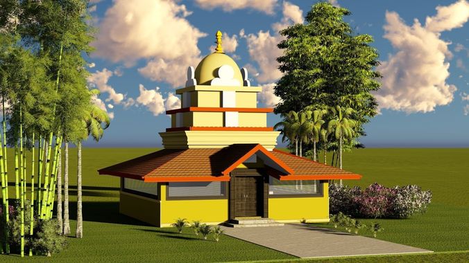 temple model in middle of grassy field 3D print model