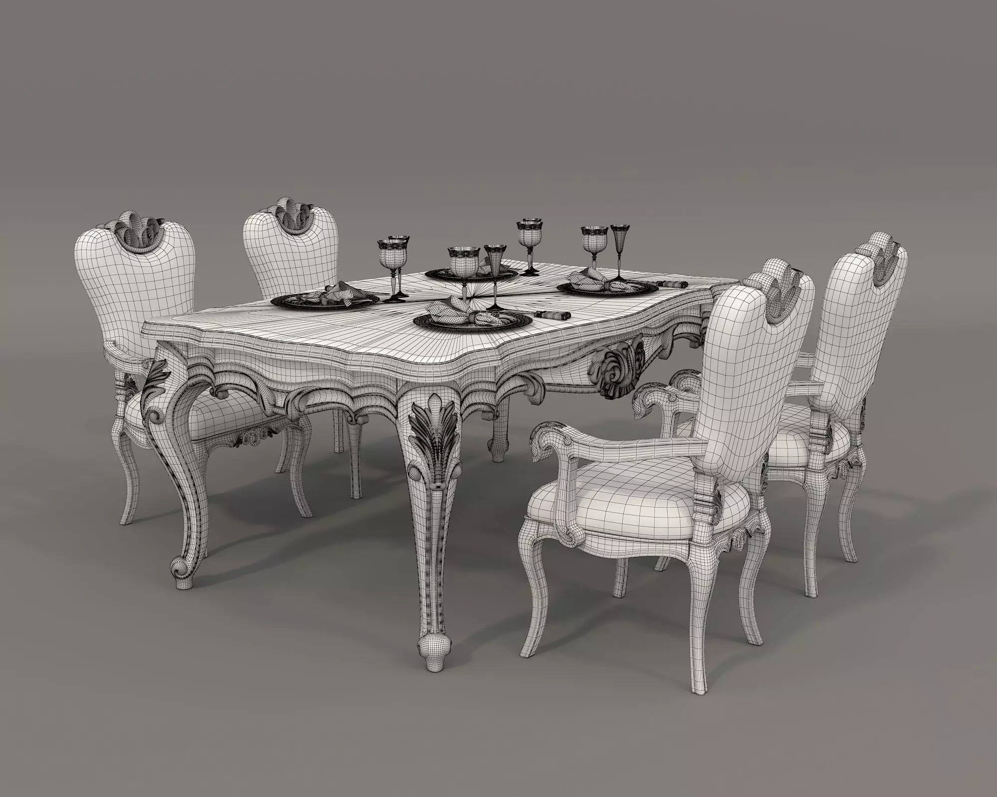Classic European style Dining Table and Chairs 36 3D model_9