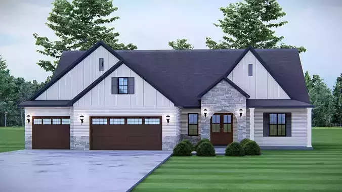 Modern Farmhouse Cozy Suburban Home 3D Model 