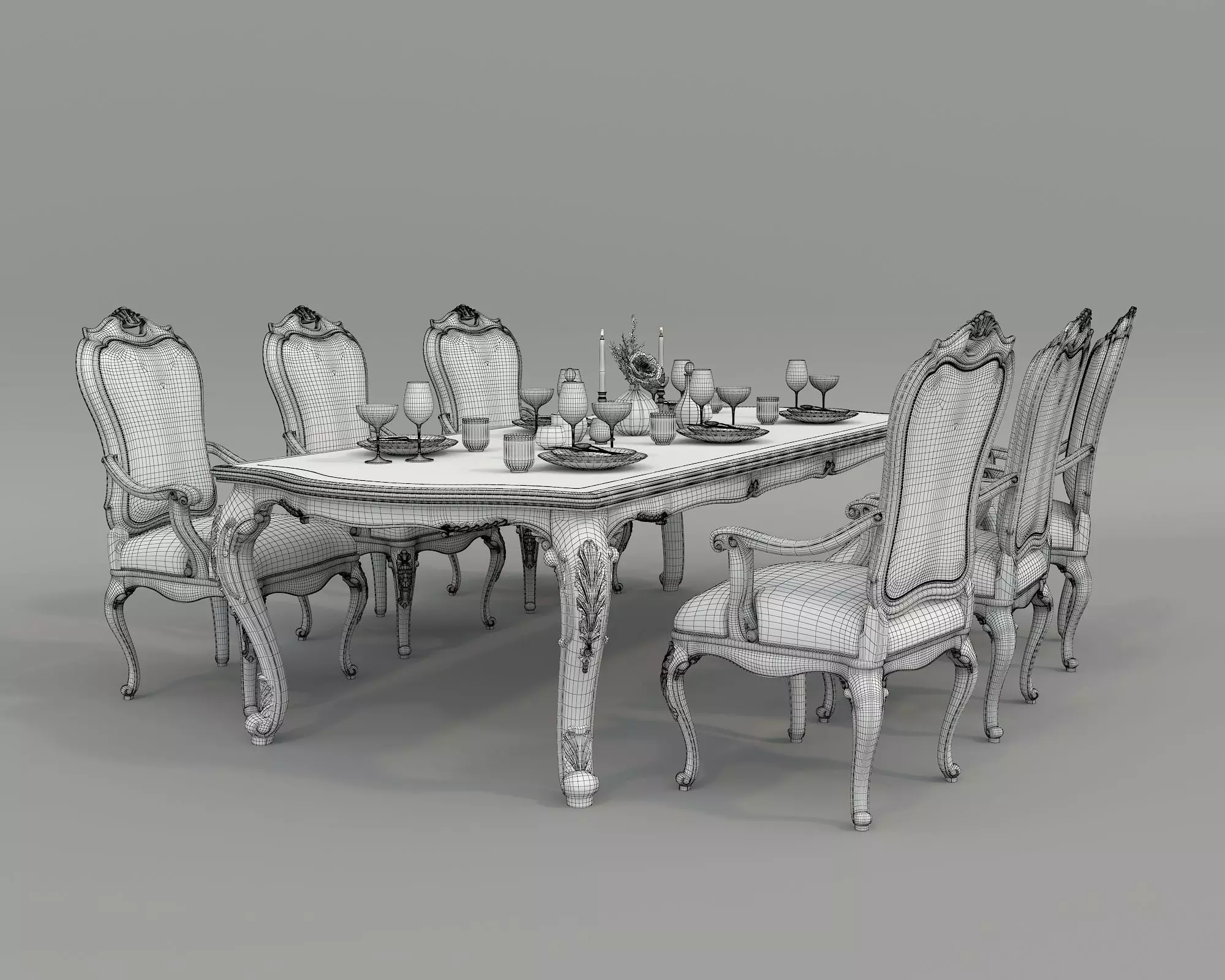 Classic European style Dining Table and Chairs 51 3D model_8