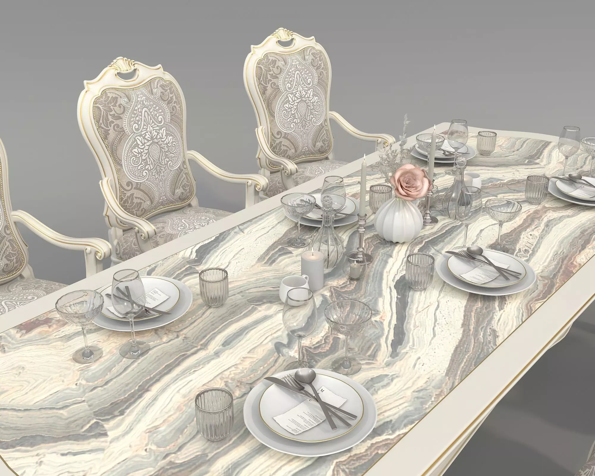 Classic European style Dining Table and Chairs 51 3D model_7