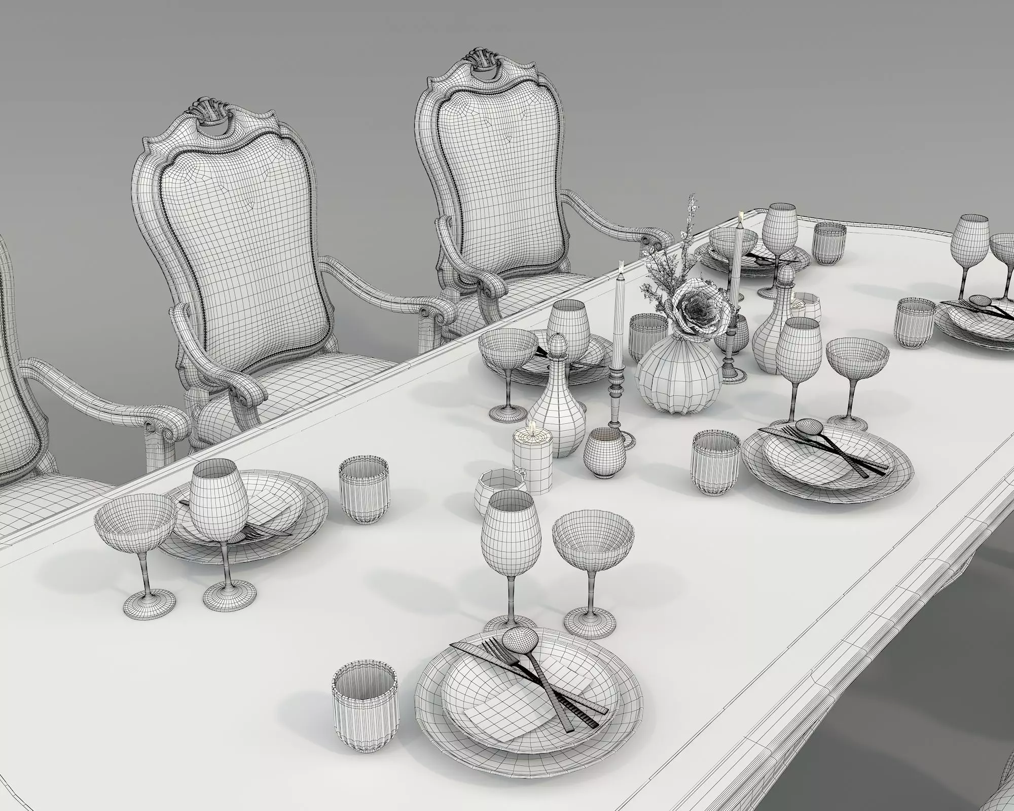 Classic European style Dining Table and Chairs 51 3D model_9