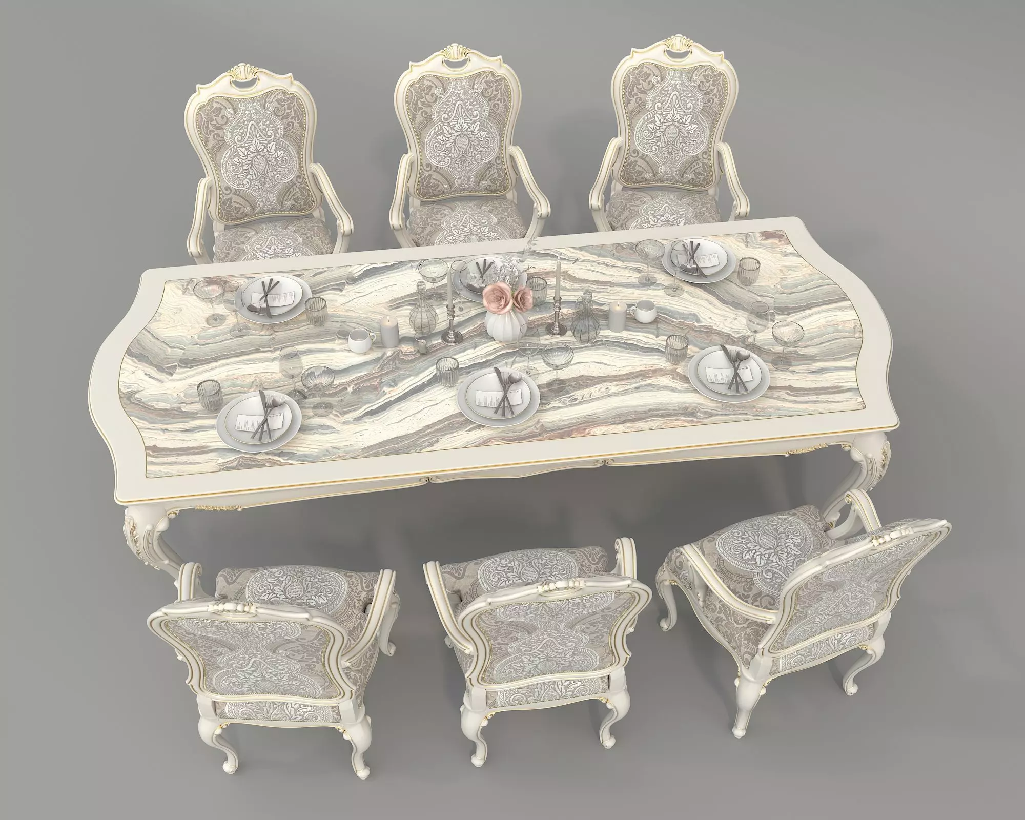 Classic European style Dining Table and Chairs 51 3D model_4