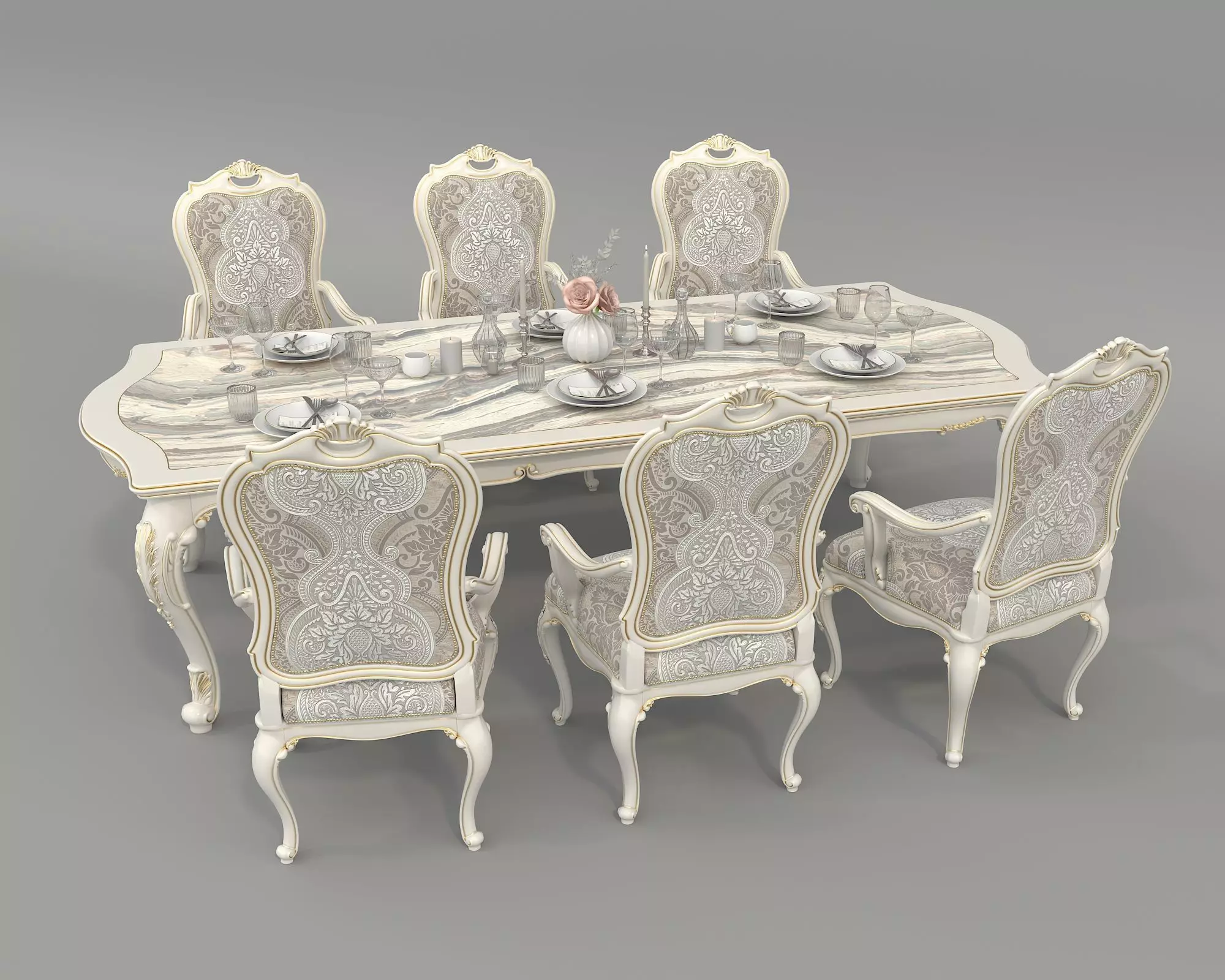Classic European style Dining Table and Chairs 51 3D model_3