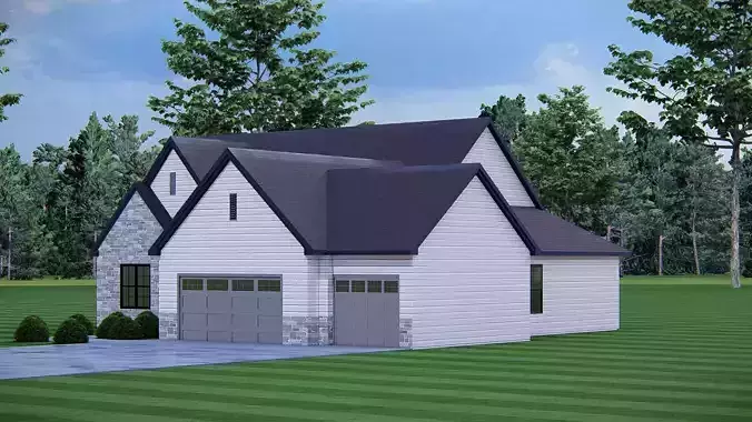 Modern Farmhouse Single-Story Suburban Home 3D Model 