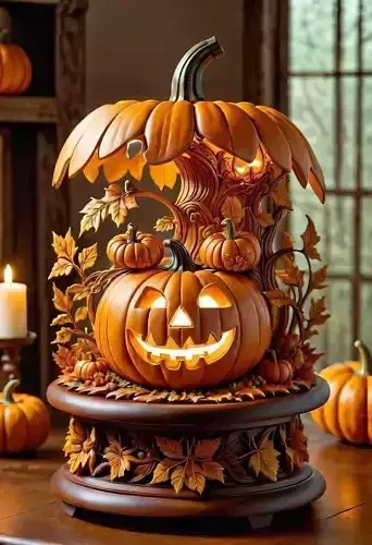 Glowing Jack-O-Lantern Sculpture Carved Leaves Autumn 3D