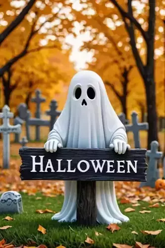 Cute Ghost Holding HALLOWEEN Sign Autumn Cemetery 3D