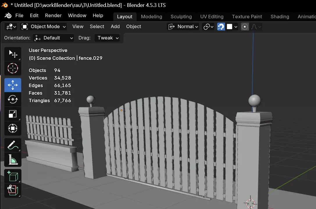 Wooden Sliding Fence Gate with Posts and Lamps 3D model_6