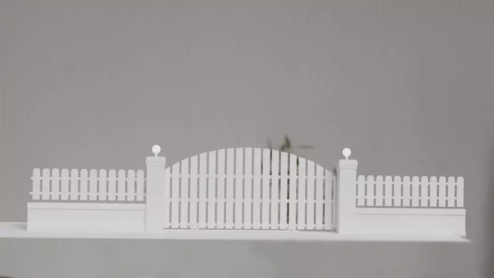 Wooden Sliding Fence Gate with Posts and Lamps 3D model_0