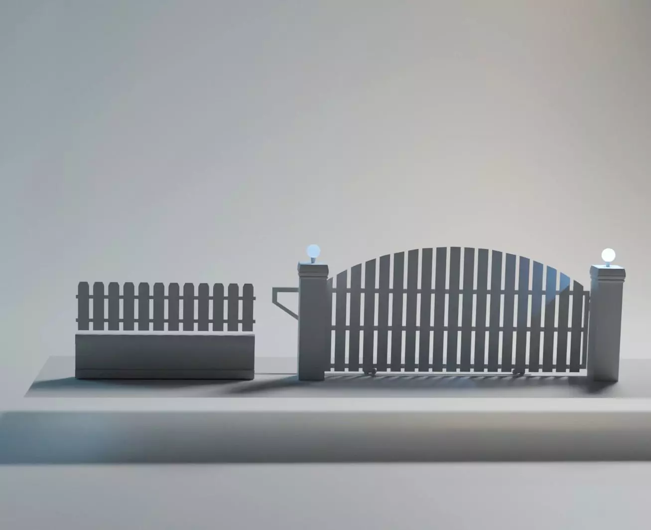 Wooden Sliding Fence Gate with Posts and Lamps 3D model_1