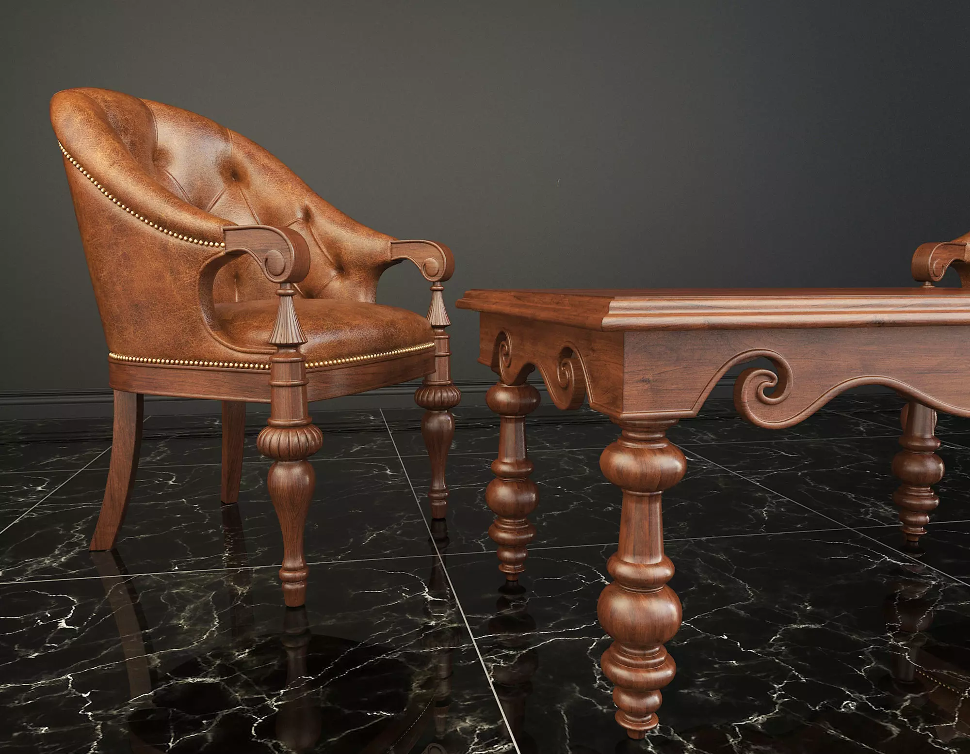 Classic European Style Coffee Table and Armchair 4 3D model_3