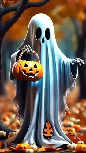 Cute Ghost Pumpkin Basket Autumn Leaves 3D Halloween