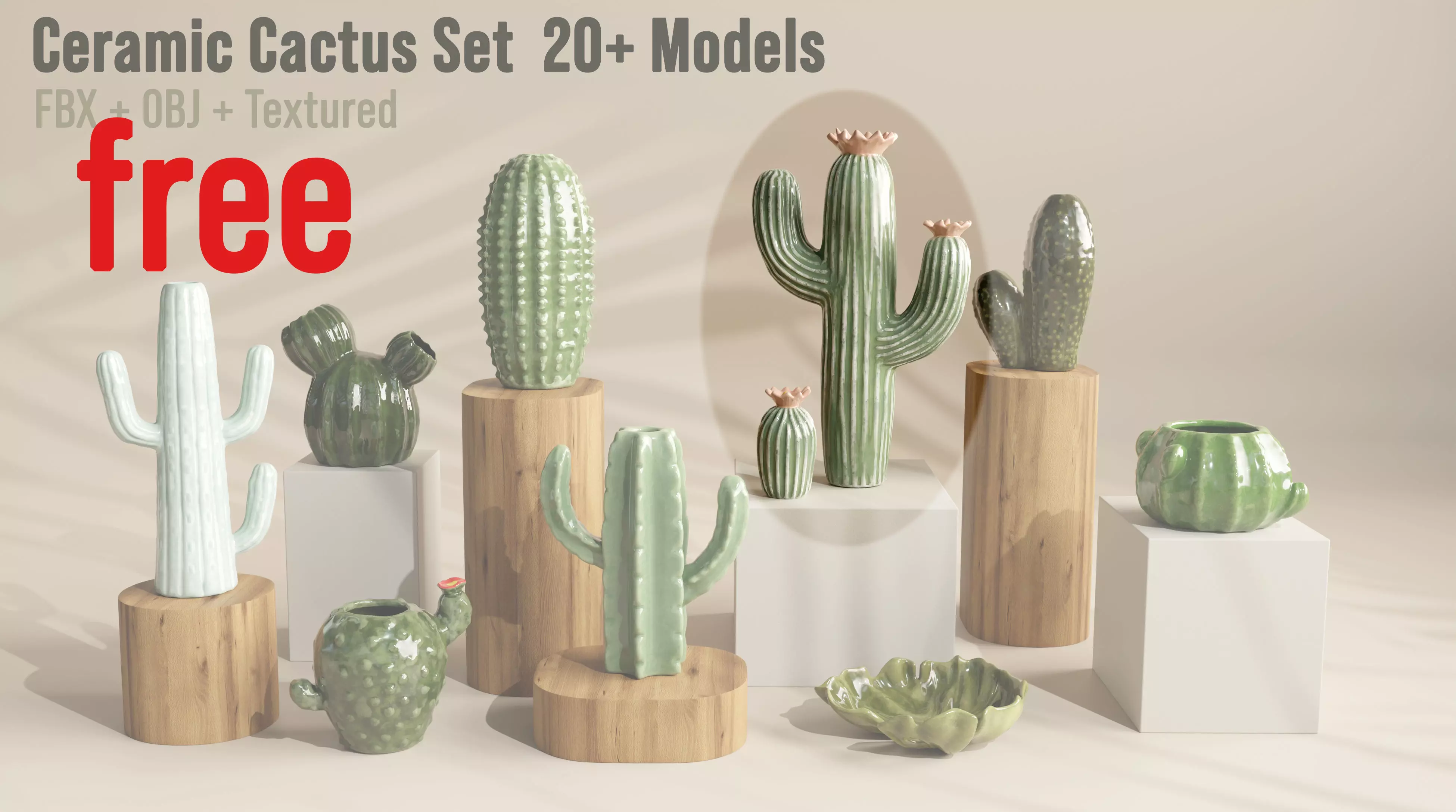 Free Ceramic Cactus Flower Decor FBX OBJ Textured Free low-poly 3D model