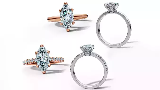 1ct Marquise Solitaire Engagement Ring Tulip Head 2 RINGS 3D Model Collection