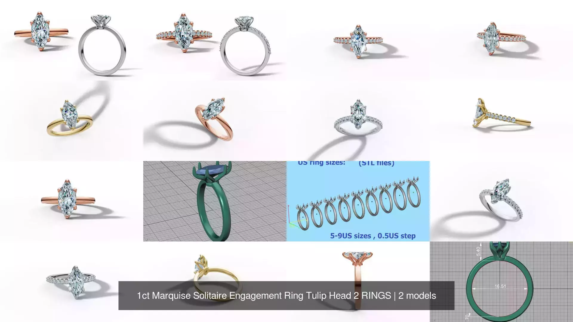 1ct Marquise Solitaire Engagement Ring Tulip Head 2 RINGS 3D Model Collection_1