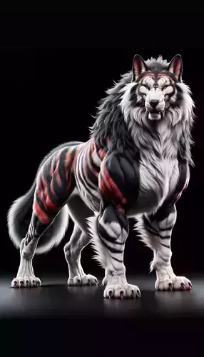 Fantasy Tiger Wolf Hybrid Red Stripes Glowing Eyes 3D