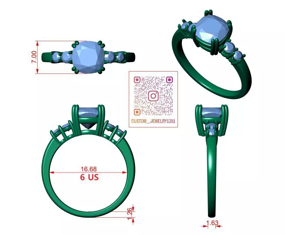 Square Cushion Engagement Ring 3D print model_6