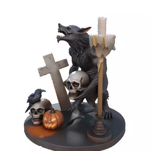 2610COLOR Werewolf Howling with Skull 3D Model Halloween 3D print model_36