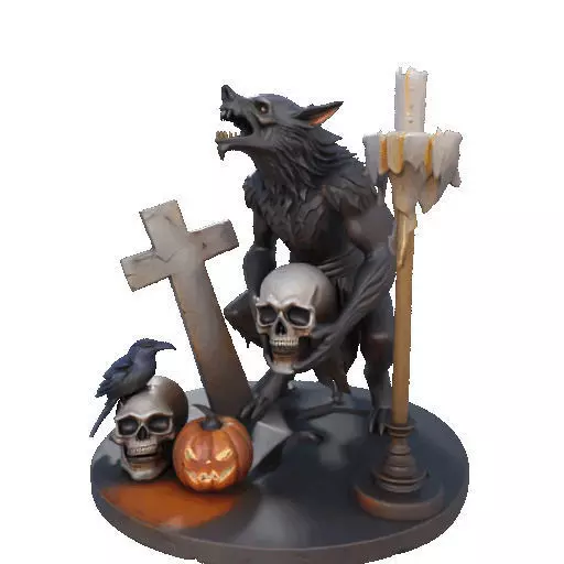 2610COLOR Werewolf Howling with Skull 3D Model Halloween 3D print model_37