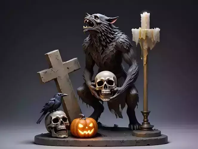 2610COLOR Werewolf Howling with Skull  3D Model Halloween