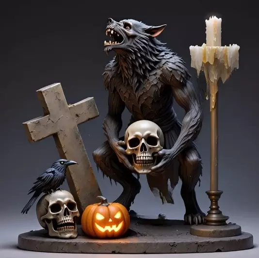 2610COLOR Werewolf Howling with Skull 3D Model Halloween 3D print model_6