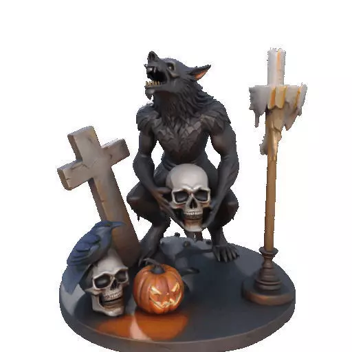 2610COLOR Werewolf Howling with Skull 3D Model Halloween 3D print model_9
