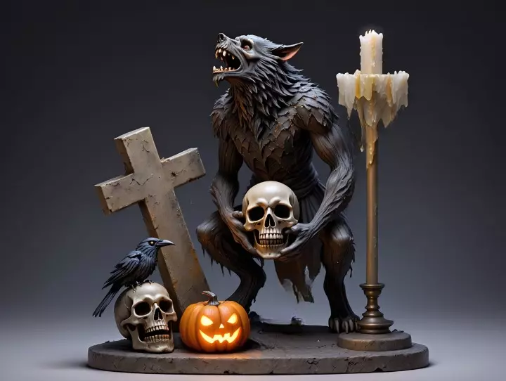 2610COLOR Werewolf Howling with Skull 3D Model Halloween 3D print model_1