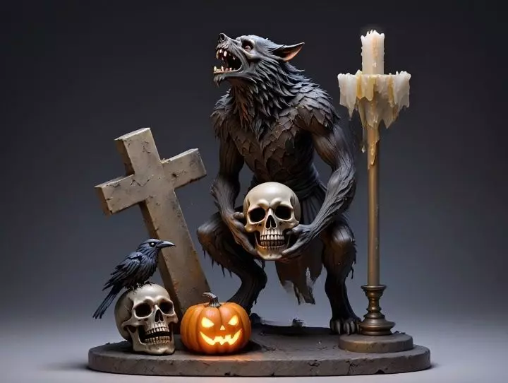 2610COLOR Werewolf Howling with Skull 3D Model Halloween 3D print model_2