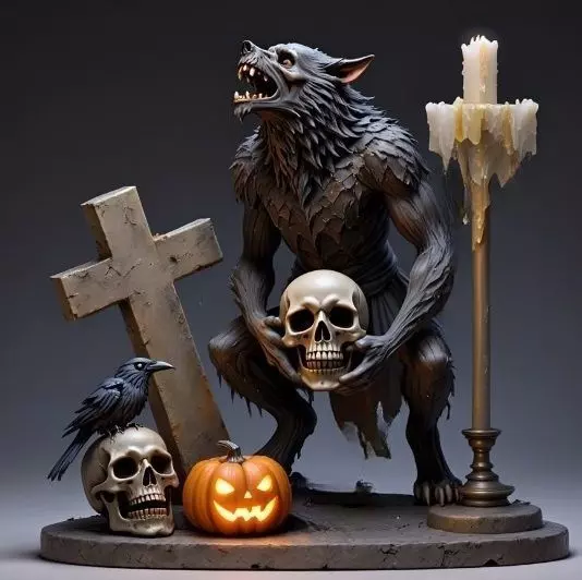 2610COLOR Werewolf Howling with Skull 3D Model Halloween 3D print model_7
