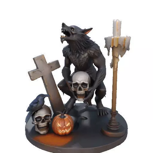 2610COLOR Werewolf Howling with Skull 3D Model Halloween 3D print model_8