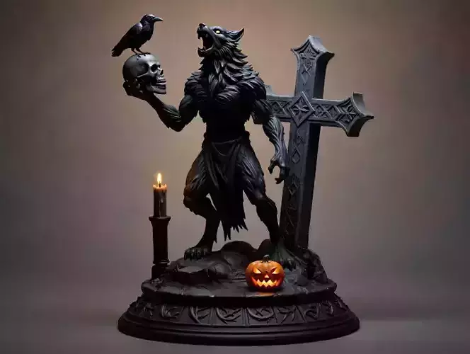 2611COLOR Werewolf Howling with Skull  3D Model Halloween