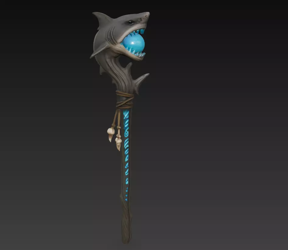 Shark Totem Staff - Stylized Oceanic Magic Weapon 3D Model 3D print model_0