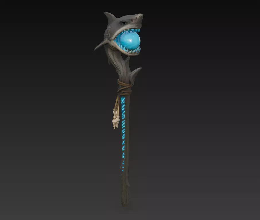 Shark Totem Staff - Stylized Oceanic Magic Weapon 3D Model 3D print model_1
