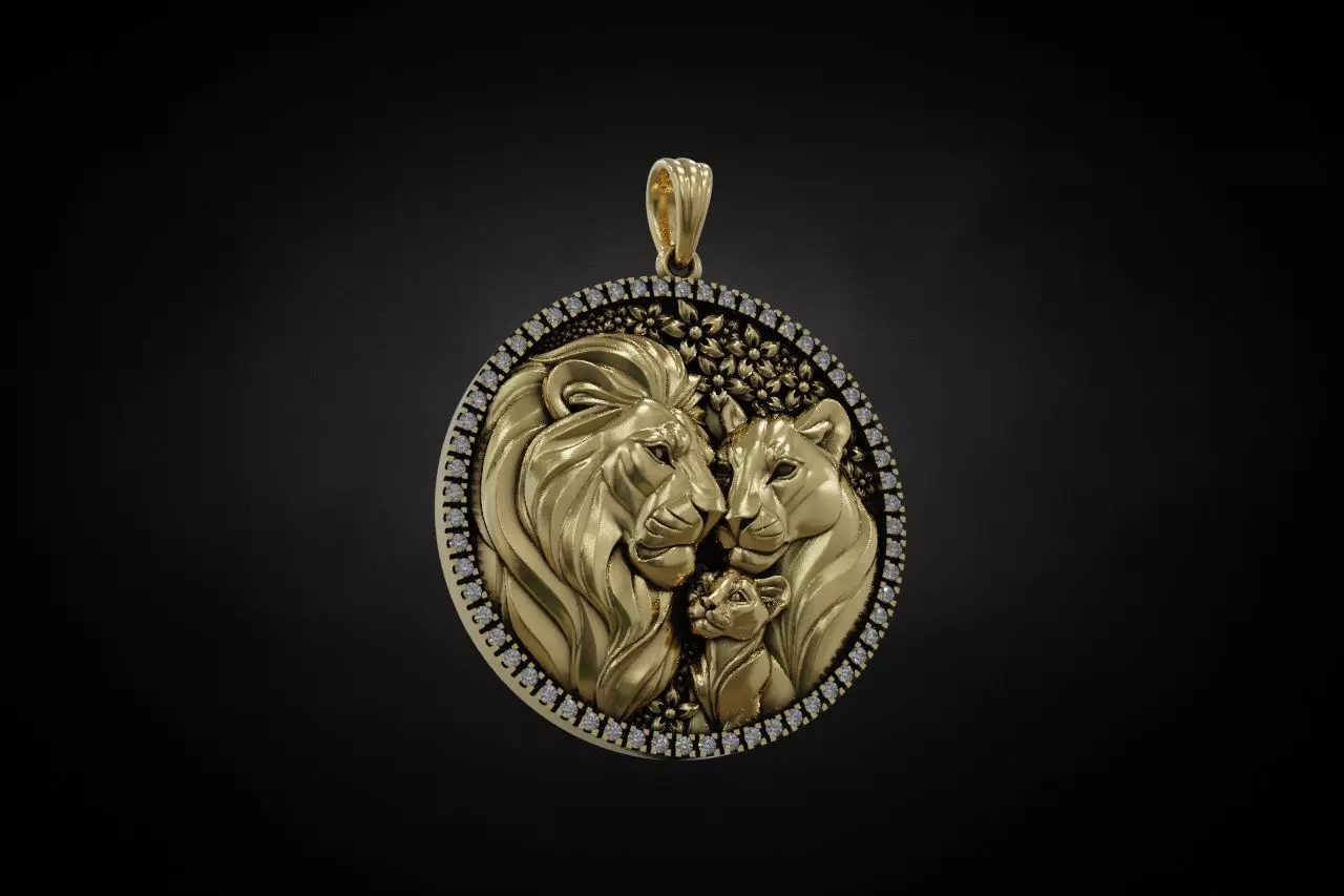 Round Lion Family Medallion with Pave Gemstone Frame 3D print model_3