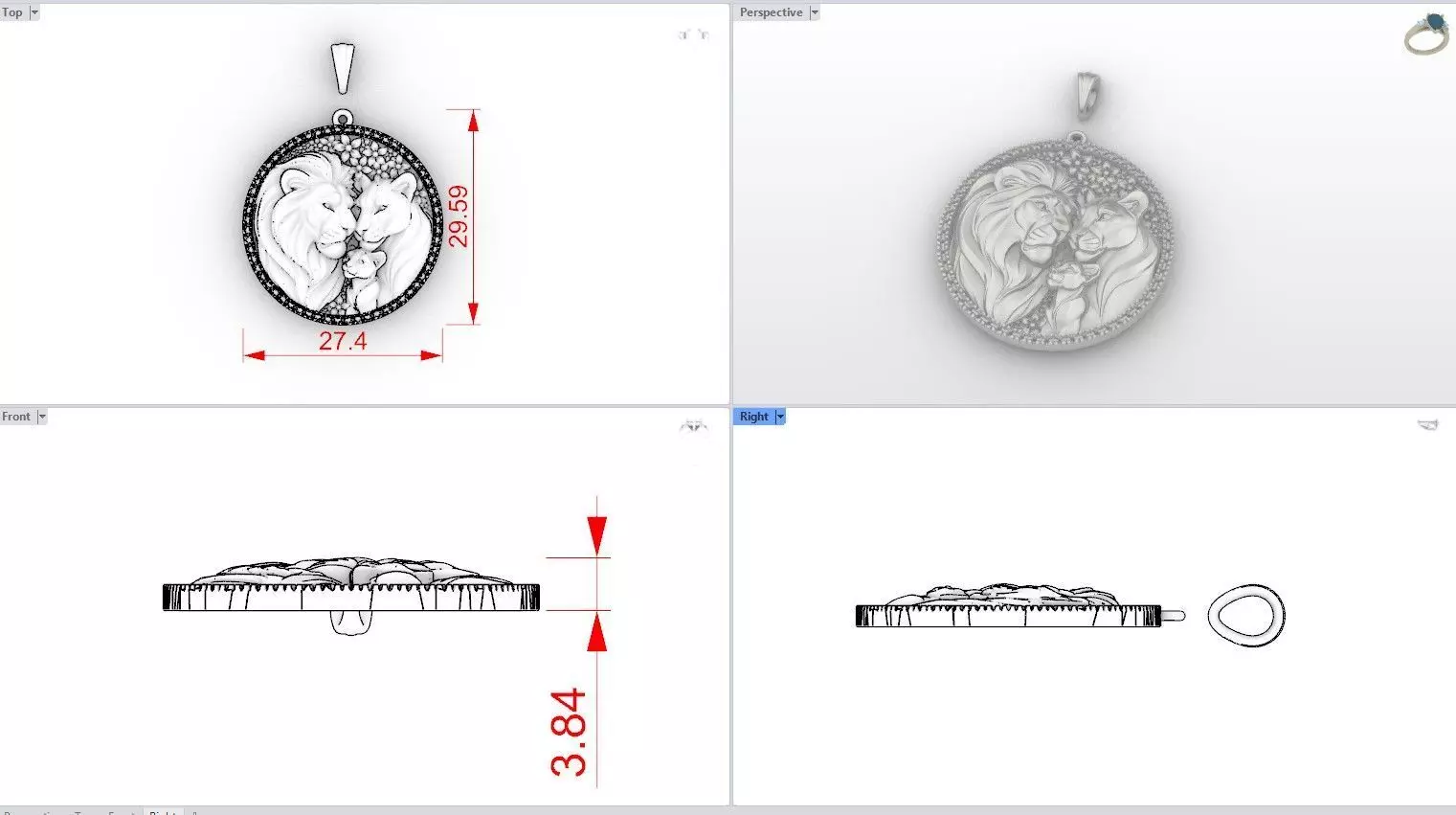 Round Lion Family Medallion with Pave Gemstone Frame 3D print model_10