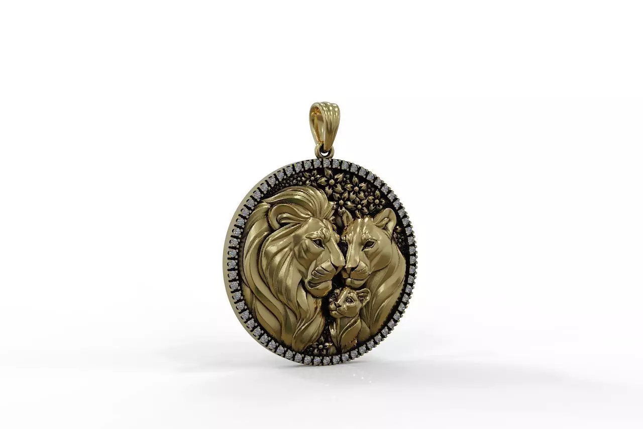 Round Lion Family Medallion with Pave Gemstone Frame 3D print model_6