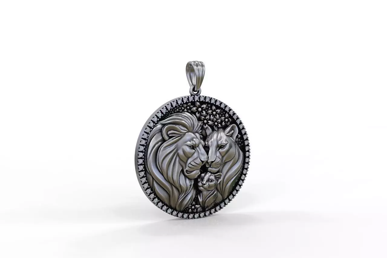 Round Lion Family Medallion with Pave Gemstone Frame 3D print model_5